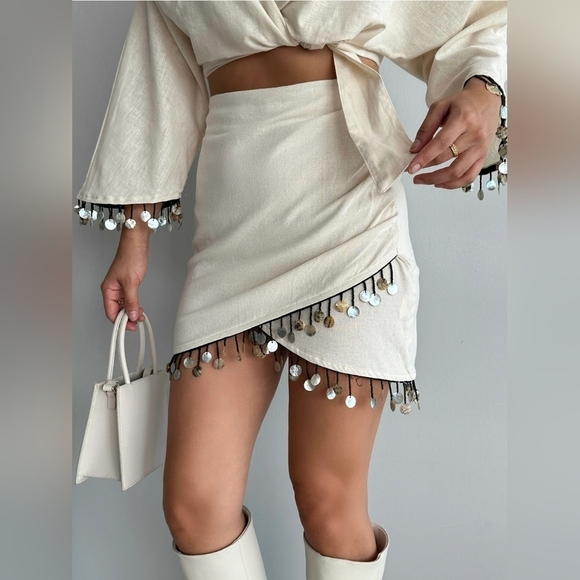Zara Linen Capiz Shell mini boho beachy Women's Skirt Size S - Picture 1 of 16